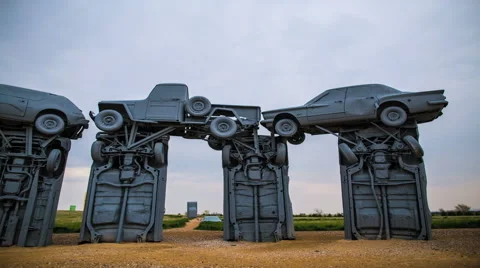 4k Cars Stacked at Carhenge Stonehenge Nebraska Stock Footage