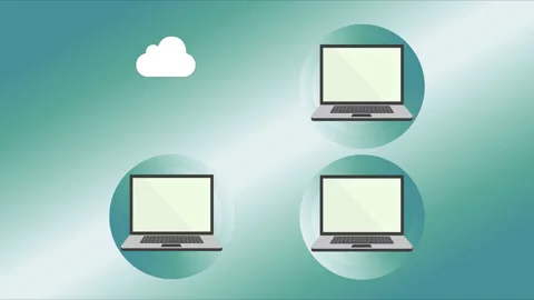 4k cartoon where three computers are connected to one cloud. 库存影片 135738939