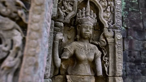 4K, Carved structures in Preah Khan. Ancient carvings adorn the temple walls-Dan Stock Footage 119059189