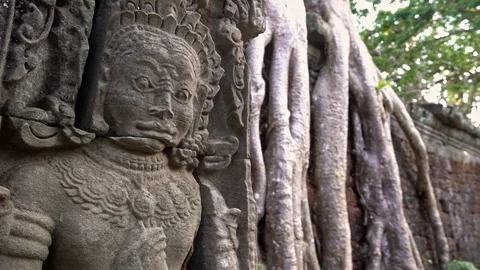 4K, Carved structures in Preah Khan. Ancient carvings adorn the temple walls-Dan Stock Footage 119059241