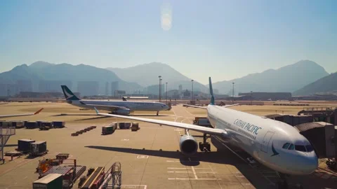 4k, a Cathay Pacific plane is at the terminal, Chek Lap Kok Airport, Hong Kong Stock Footage 165252004