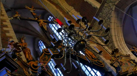 4K Cathedral Interior Vaulted Ceiling, Pane Window and Chandelier Stock Footage 64799034