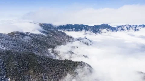 4K Central China First Peak Snow Scene Mountain River Cloud Sea Timelapse Stock Footage 346566896