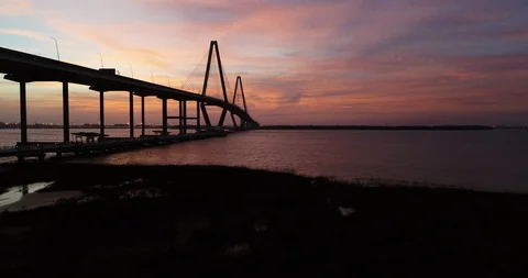 4K Charleston, SC Cinematic Aerial Bridge Sunset Stock Footage