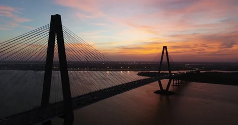 4K Charleston, SC Cinematic Aerial Bridge Sunset (2) Stock Footage