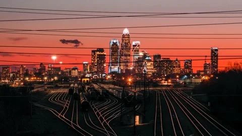 4K Charlotte Sunset Timelapse of Train Tracks and City View Видео 171828535