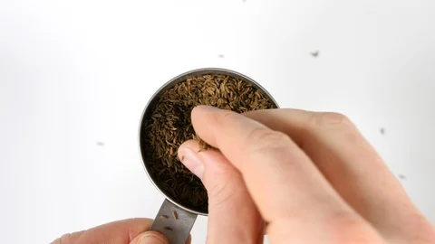 4K Chef checking caraway spices seeds spinning in cup against white background Stock Footage 88481925