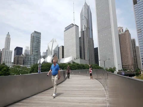 4k Chicago Millennium park Bridge with skyline in the background Stock Footage 78120749