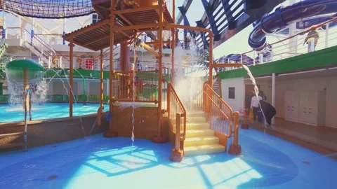  4k, children's aquapark on the upper deck of a MSC Seaview cruise ship Stock Footage 171240272