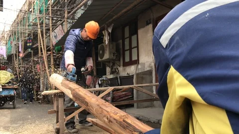 4k Chinese Asian Workers builder polishing Wood 30FPS Stock Footage 90912245
