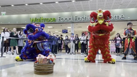 4K Chinese Lion dance beginning of exciting demonstration Stock Footage 211832740
