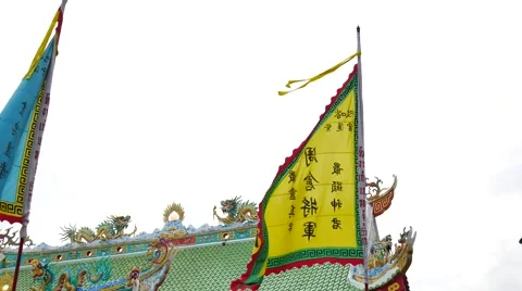 4K Chinese writing on flag by wind in phuket Vegetarian Festival 2016 Stock Footage 68090573