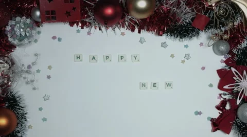 4k Christmas Composition on a White Background- Scrabble letters: Happy New Year Stock Footage 65134721