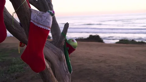 4K Christmas stocking hanging from the tree on the beach in California at sunset Vidéo 108935948
