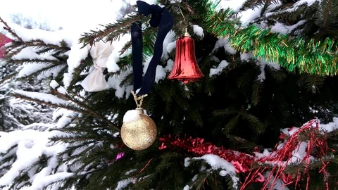 4K Christmas tree with decorations in winter forest Video stock 99832231