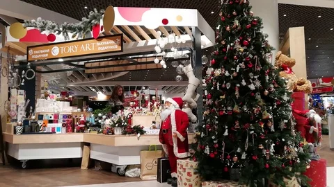 4K Christmas Tree, Lights &amp; Decorated Christmas Store in TSUM Shopping Mall Stock Footage 83208721
