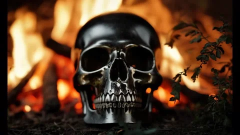 4K Chrome Skull by Fire, Zoom Out Skull Campfire Flame Cinematic Stock Footage 278676986