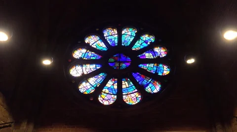 4k Church indoor zoom to round leadlight window in Bremen city Stock Footage