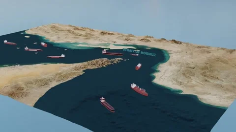 4K Cinematic 3D Map of the Strait of Hormuz with Cargo Ships Stock Footage 332461765