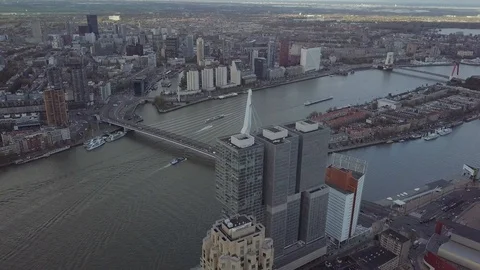 4k Cinematic Aerial view of Rotterdam Skyscrapers and Erasmusbrug bridge Stock Footage