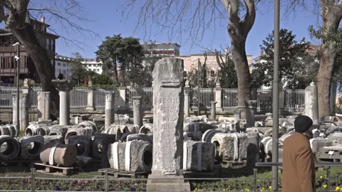 4K Cinematic Ancient Byzantine Artifacts in Hagia Sophia Garden, Istanbul Video stock 334409892