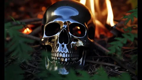 4K Cinematic Chrome Skull by Fire, Zoom Out Skull Campfire Flame Stock Footage 278676545