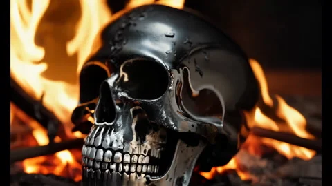 4K Cinematic of Chrome Skull In Front of Fire, Campfire Flame Skull Stock Footage 278621828