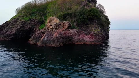 4K Cinematic Drone Low Flight to Ancient Roman Pirate Port Ruins Stock Footage 334327907