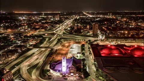 4K Cinematic Drone Night Hyperlapse Minneapolis Convention Center 94 and 35W Stock Footage 220468441