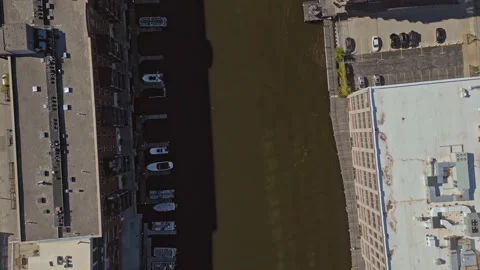 4K Cinematic Forward Aerial View Looking Down At Milwaukee River Stock Footage 224655181