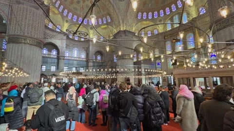 4K Cinematic Interior: Blue Mosque (Sultan Ahmed Mosque) Prayers and Tourists Stock Footage 333104870