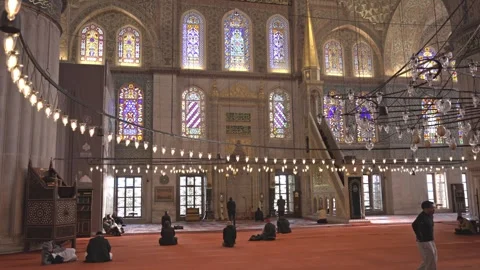 4K Cinematic Interior of Blue Mosque with People Praying Istanbul Stock Footage 334628396
