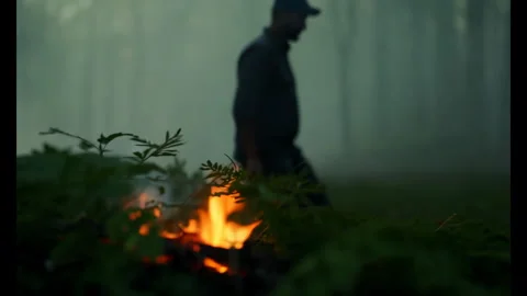 4K Cinematic Man Walking by Fire In Woods, Camping In Forest At Night Stock Footage 278622859