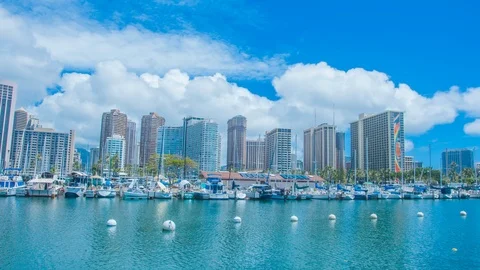 4K Cinematic time lapse in motion of the harbor with boats in Honolulu Stock Footage 92878349