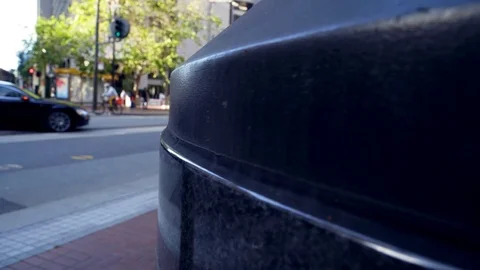 4K Cinematic Tracking Shot - Rack Focus of City Street , Bicyclist &amp; Traffic Video stock 71308397