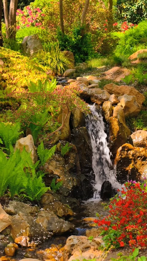 4K Cinematic vertical B-roll footage slow motion waterfall rocky stream Stock Footage 307431056