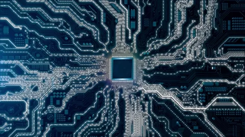 4K Circuit Board electrons Data Flow Background Animation. Artificial Stock Footage 247399406