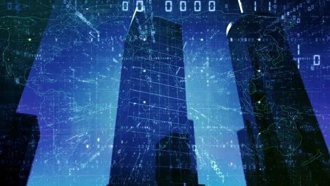4K City Abstract rendering with lines and digital. World map code overlay Stock Footage 254333541