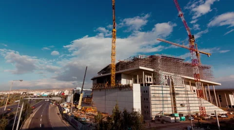 4K city, construction site with cranes, wide view highway timelapse Stock Footage 44272093