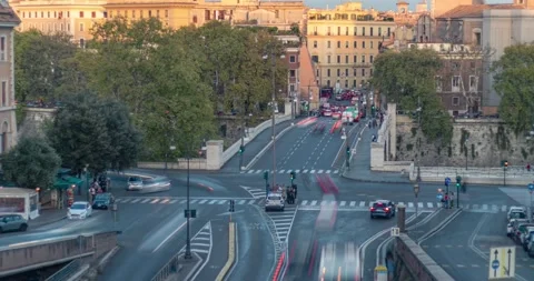 4k City traffic time lapse, cars, and lights in Rome, Italy sunset to evening Stock Footage 219624732