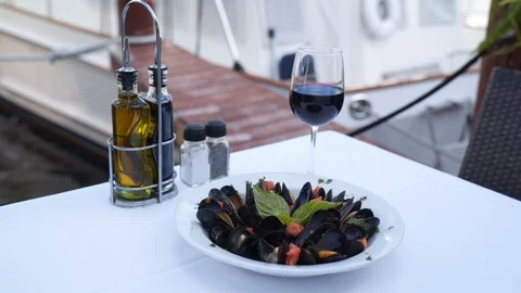 4k Classy waterfront restaurant, luxury meal. Stock Footage 122937814