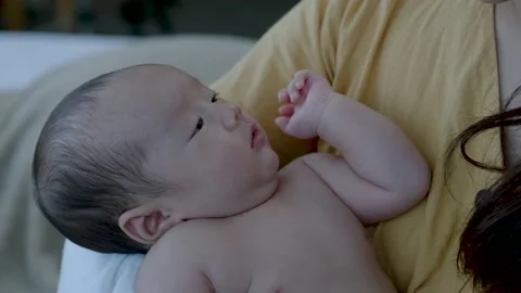 4k, Close-up of a 2-month-old Asian newborn boy, Stock Footage 170123785