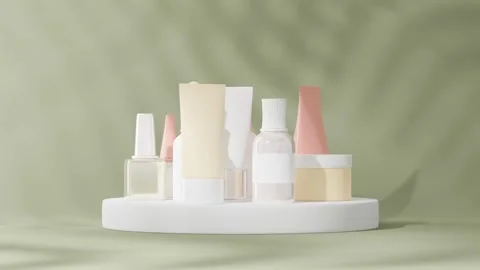 4K Close-up of Assorted Cosmetic Bottles Tubes and Serums in Neutral Stock Footage 328536247