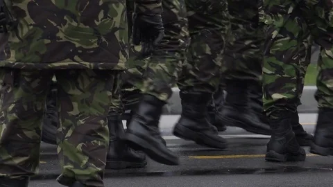 4K Close up boots of troop rows walk infantry discipline general rank exercise Stock Footage 70545018