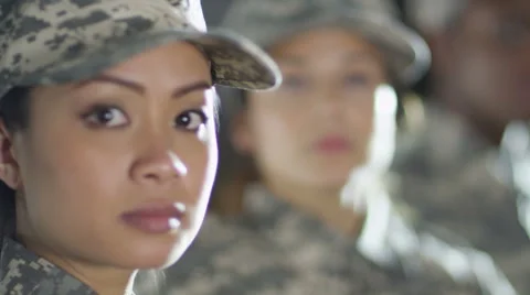 4K Close up on faces of mixed ethnicity female soldiers  Video stock 53840583