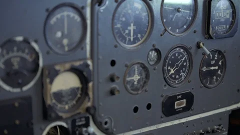 4K Close up footage of the inside of an old plane cockpit Stock Footage 113700008