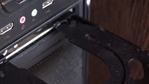 4K close up hand pushing old outdated desktop computer button CD ROM burning DVD Stock Footage 70483807