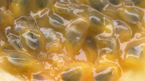 4K Close Macro Texture of Passion Fruit Pulp With Glistening Seeds Video stock 348218134