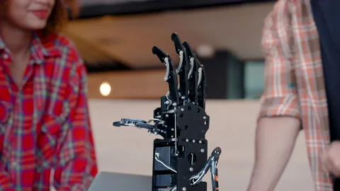 4K, Close-up robotic hand posing, rotate left right by controlling from con.. Stock Footage 236745098