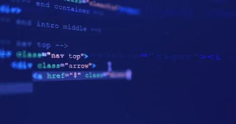 4K Close up shot HTML tag code on PC Monitor scroll down on blue screen. Back Stock Footage 161236501